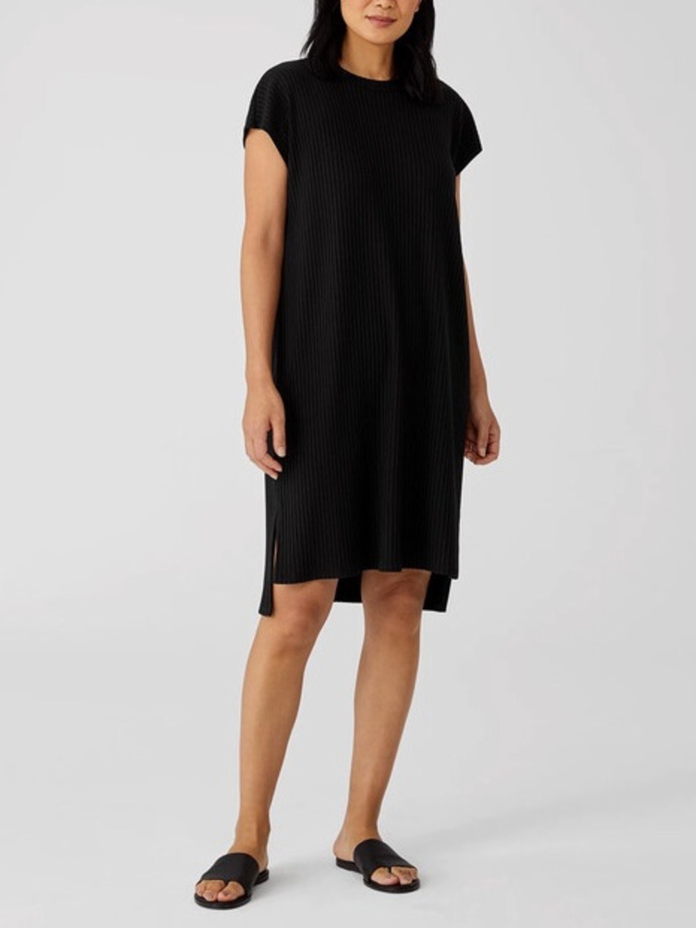Eileen Fisher Textured Stretch Rib Crew Neck Black Midi Dress size medium